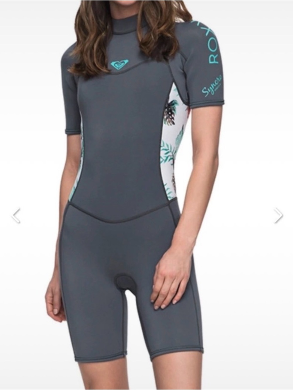 Roxy Gray Short Sleeve Wetsuit with Teal Floral Side Panels